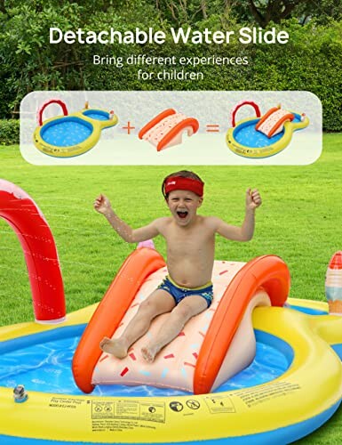 Child enjoying a detachable water slide in a backyard.
