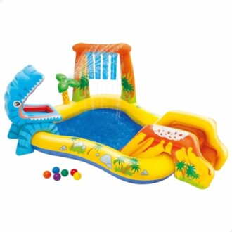 Dinosaur-themed inflatable kiddie pool with slide and waterfall.