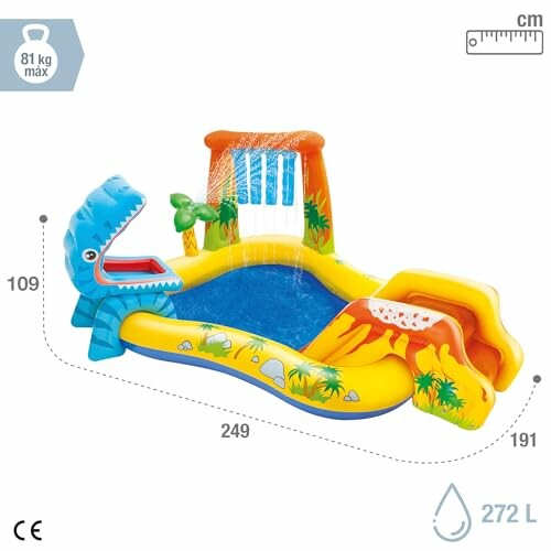 Inflatable dinosaur-themed kids pool with slide and water sprayer.