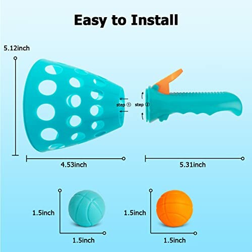 Dog ball launcher toy with dimensions and installation steps.