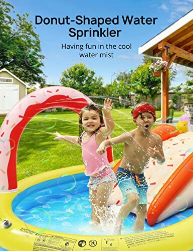 Children playing in a donut-shaped water sprinkler in a backyard.