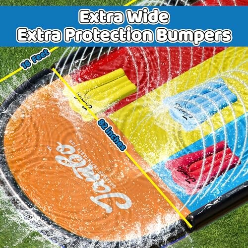 Colorful water slide with extra wide protection bumpers and dimensions labeled.