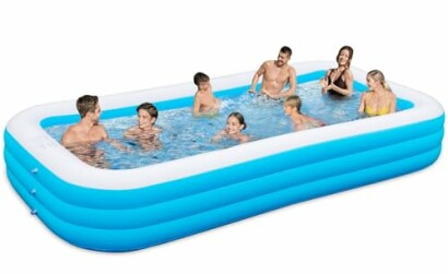 Family enjoying an inflatable pool