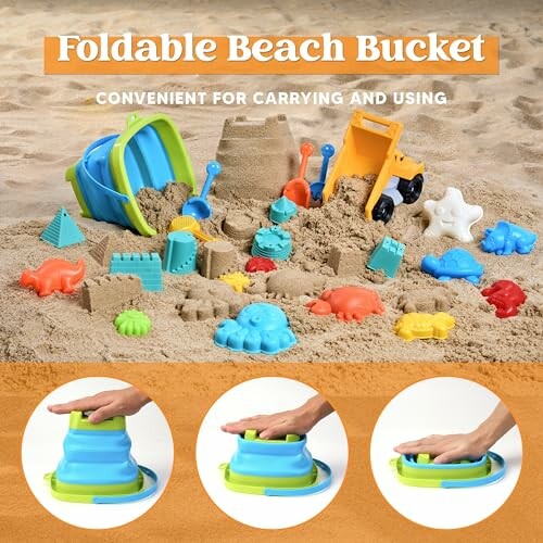 Foldable beach bucket and sand toys on sand with usage demonstration.