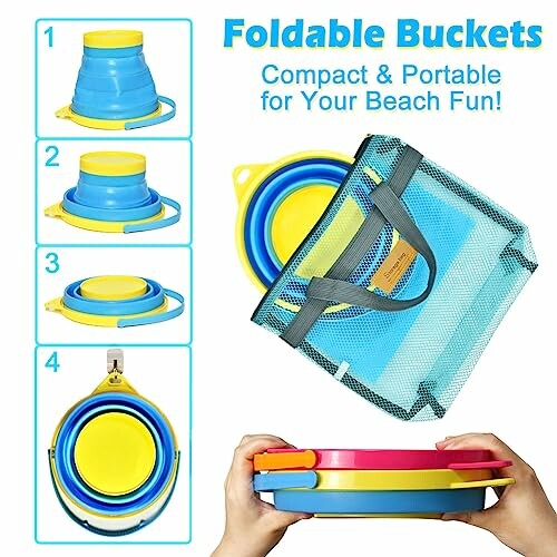 Foldable buckets with compact and portable design for beach fun.