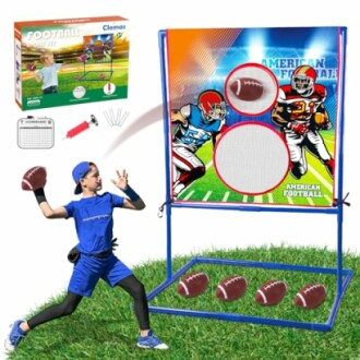 Football target set with a player throwing a ball at a target board.