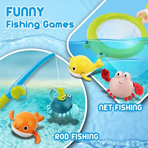 Children's fishing games with colorful sea animals and net.