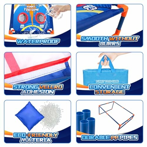 Features of a toss game including waterproof design, smooth edges, strong Velcro adhesion, convenient storage, eco-friendly material, and durable pipes.