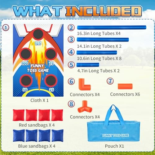 List of items included in the Funny Toss Game set with tubes, connectors, sandbags, and a pouch.