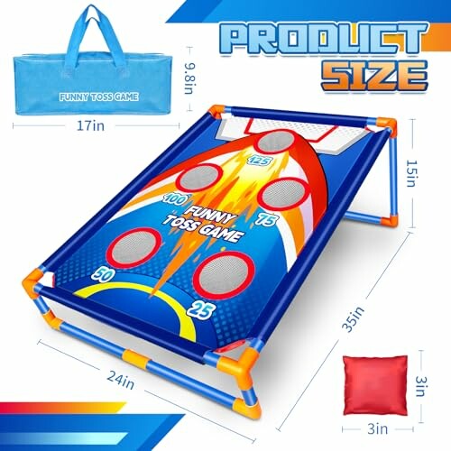 Funny Toss Game set with dimensions and carrying bag.
