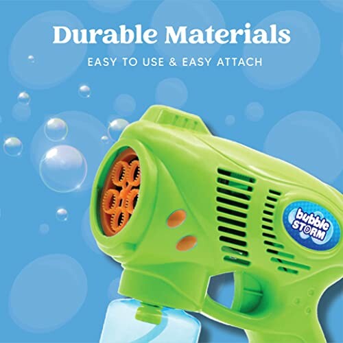 Green bubble gun with durable materials label and bubbles in background