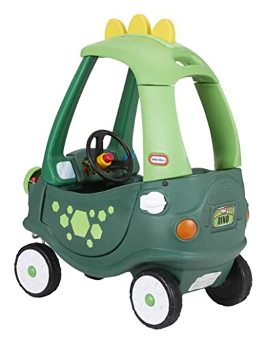 Green dinosaur-themed toy car with canopy and wheels.