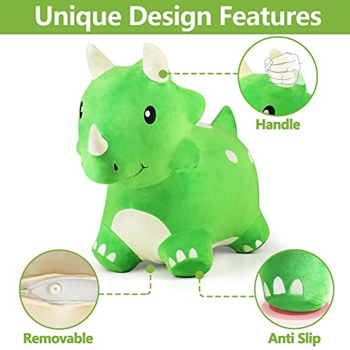 Green dinosaur toy with unique design features including handle, removable parts, and anti-slip base.