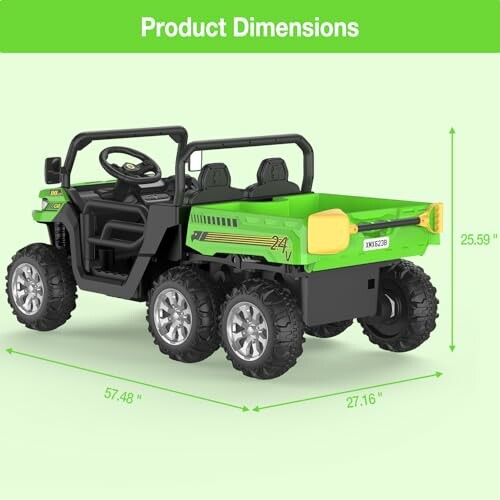 Green toy truck with product dimensions displayed.