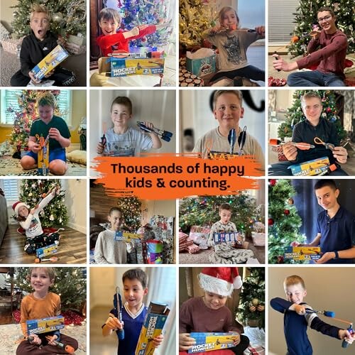 Collage of kids happily posing with toys in front of Christmas trees.