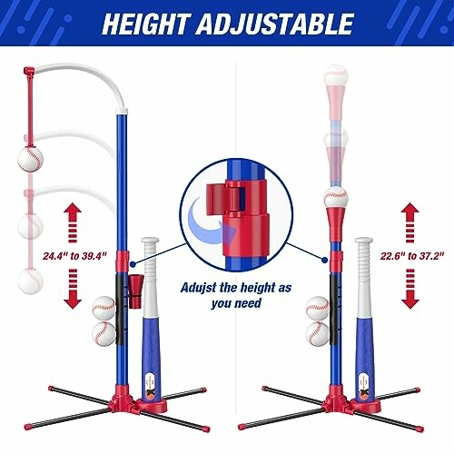 Height adjustable baseball tee with adjustable poles and baseballs.