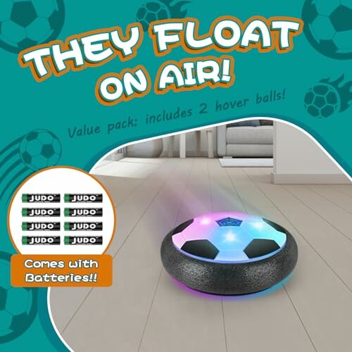 Hover ball toy with LED lights on a floor, includes batteries.