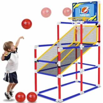 Child playing with indoor basketball hoop set.