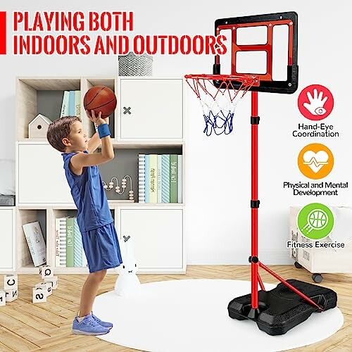 Child playing basketball with a portable hoop indoors, highlighting benefits like hand-eye coordination and fitness.