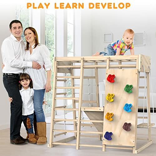 Family with indoor wooden play gym for kids