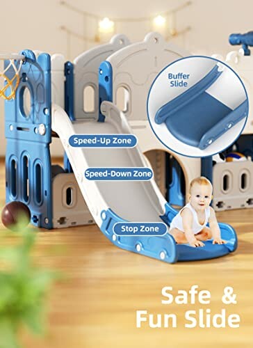 Child playing on a blue and white indoor slide with labeled zones.