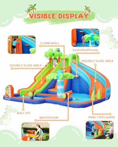 Inflatable water park with slides, climb wall, basketball hoop, ball pit, water gun, and ring toss game.