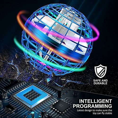 Glowing spherical flying toy over a circuit board, showcasing intelligent programming and safety.