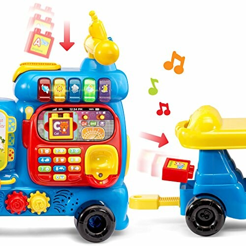 Colorful interactive ride-on toy with educational features and music.