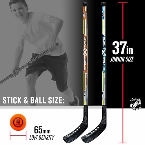 Junior size 37-inch hockey sticks with low density ball.