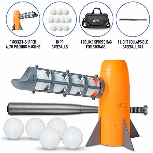 Kids baseball pitching machine set with bat, balls, and storage bag.