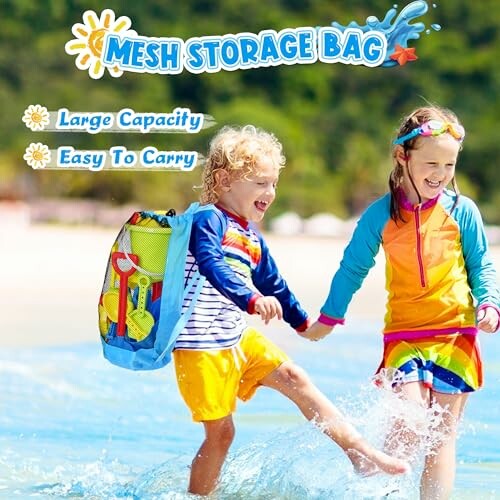 Children playing on the beach with a mesh storage bag.