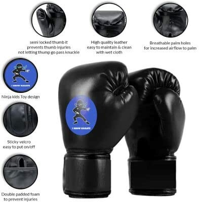 Black kids boxing gloves with ninja design and features like semi-locked thumb, high-quality leather, breathable palm holes, sticky velcro, and double padded foam.