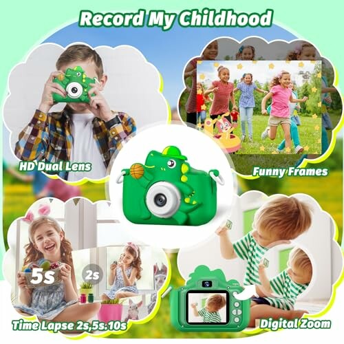 Children enjoying a toy camera with various features like HD dual lens, funny frames, time lapse, and digital zoom.