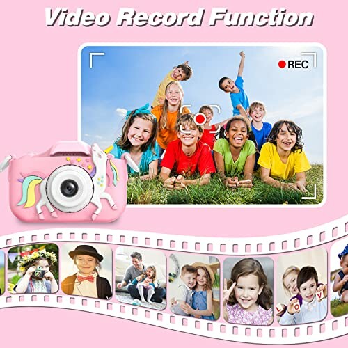 Group of children posing for a video recording with a pink unicorn camera.