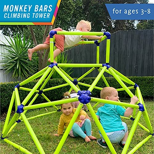 Children playing on a monkey bars climbing tower outdoors.