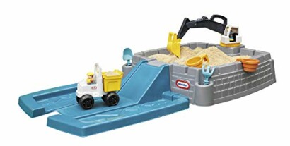 Children's construction-themed sandbox toy with truck and crane.