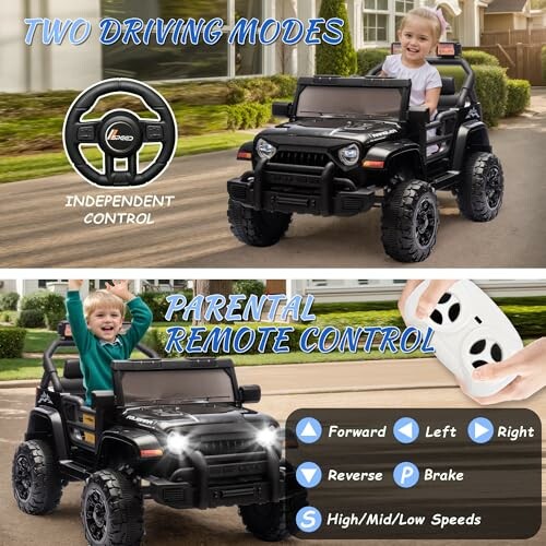Children enjoying a ride-on electric car with parental control features.