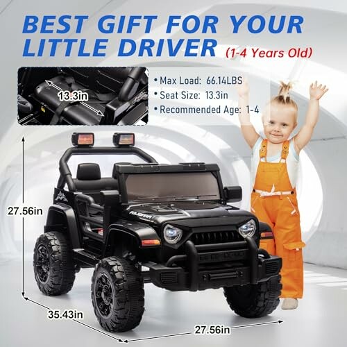 Child standing next to black electric toy jeep with dimensions and age recommendations.