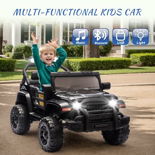 Child in a toy electric car outdoors with music and Bluetooth features.
