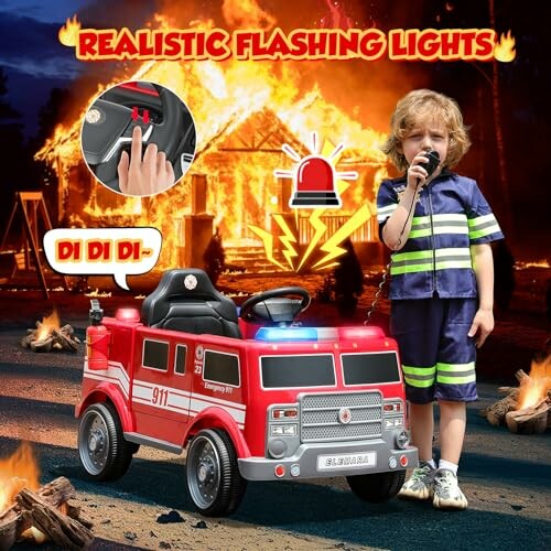Child in firefighter outfit with toy fire truck in front of burning building.