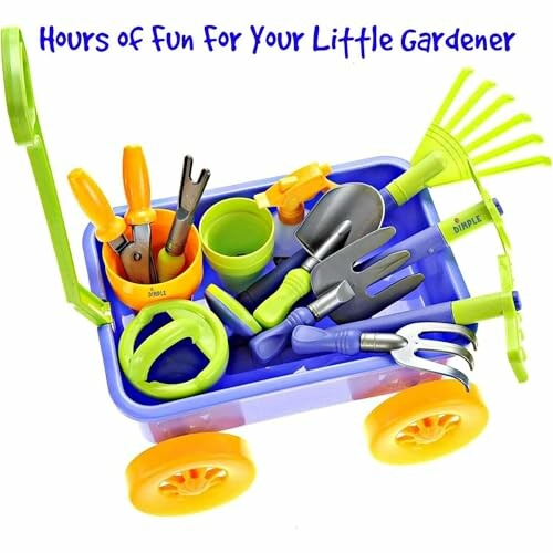 Colorful children's gardening tool set in a toy wagon.