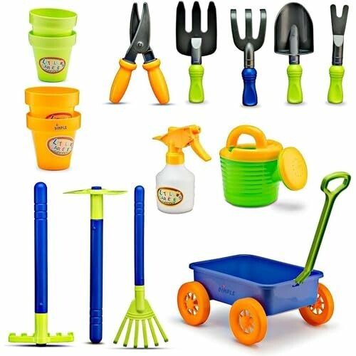 Children's gardening toy set with tools, pots, and a wagon.