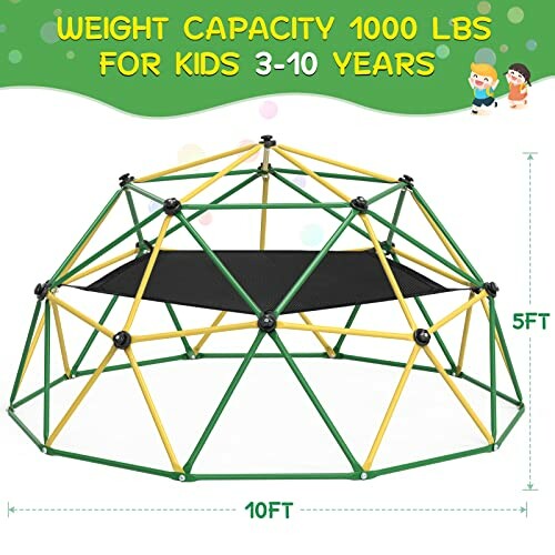 Geometric dome climber for kids with 1000 lbs weight capacity, suitable for ages 3-10.