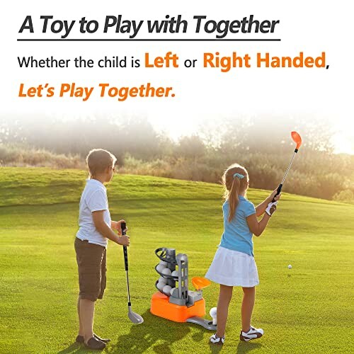 Two children playing with a golf toy set on a grassy field.