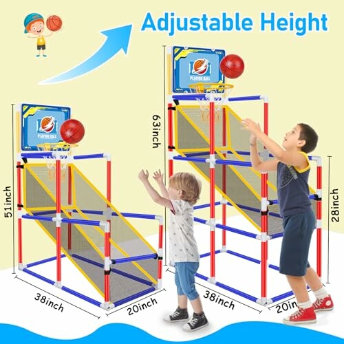 Children playing with an adjustable height indoor basketball hoop.