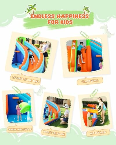 Inflatable playground with slides, climb wall, basketball hoop, ring toss, and water gun.