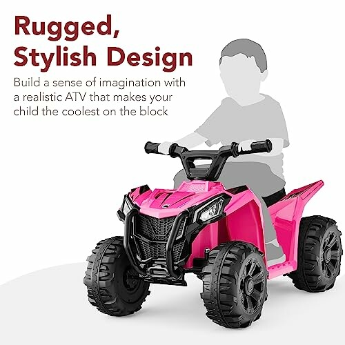 Pink kids' ATV toy with rider illustration, rugged design.