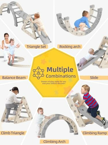 Collage of children using various play equipment: triangle set, rocking arch, balance beam, slide, climb triangle, climbing arch.