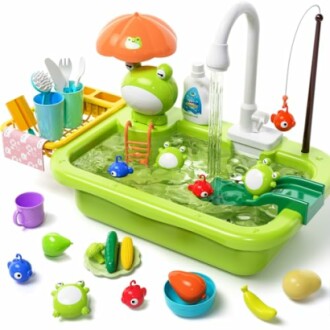 Kids play sink set with water, toy fish, and kitchen accessories.