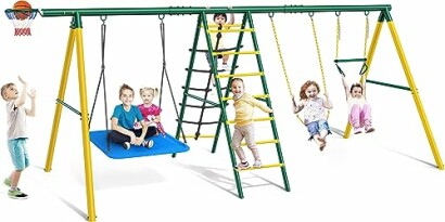 Children playing on a colorful swing set with slide and ladder.